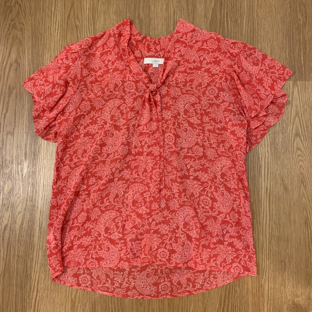 LOFT Coral Floral Blouse with Tie Front